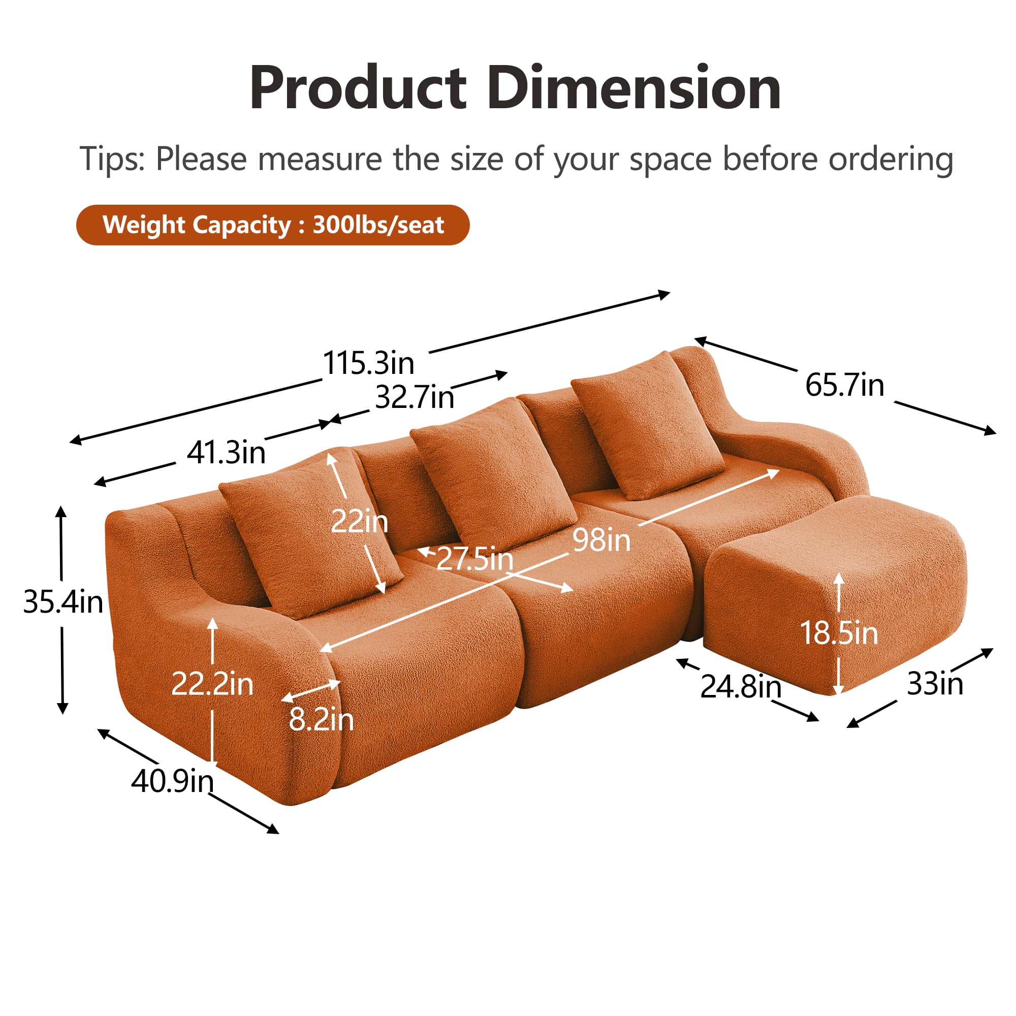 Alvantor Sectional Sofa with Reversible Ottoman L-Shaped 115" W 3-Seater Teddy Boneless Couch Modern Deep Seat Cloud Sofa for Living Room Orange