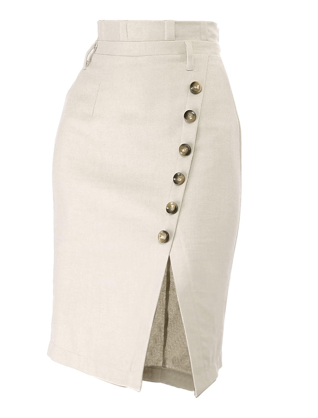 DARING DIVA Women's Asymmetrical Front Split Belted Midi Pencil Skirt L Beige