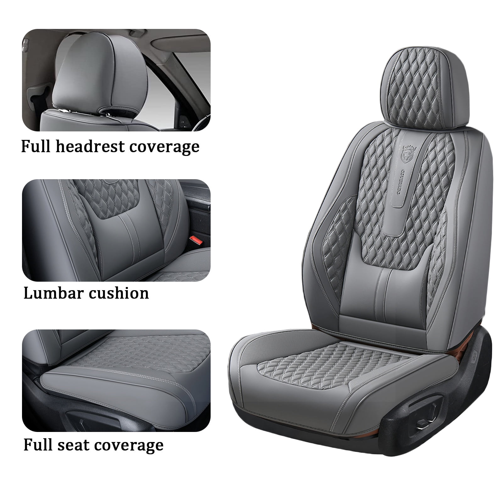 Coverado Gray Car Seat Covers Front, Waterproof Faux Leather Auto Seat Protectors with Lumbar Support, Luxury Automotive Interior Accessories Universal Fit Most Cars SUV Trucks