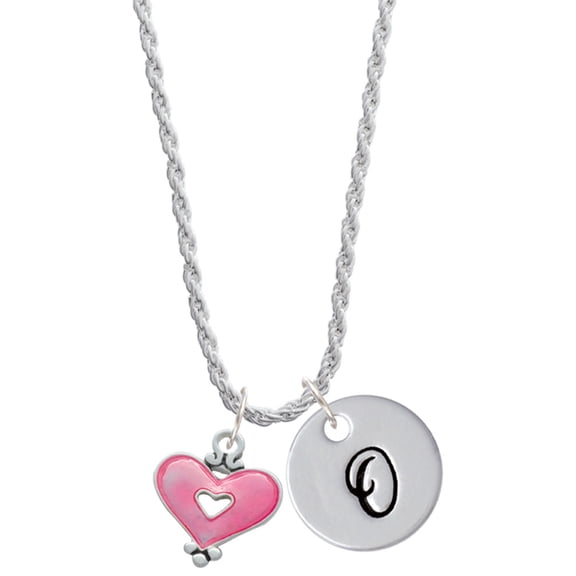 Delight Jewelry Silvertone Hot Pink Enamel Heart with Cutout Silvertone Script Initial Disc - O - Charm Necklace, 20" 3"