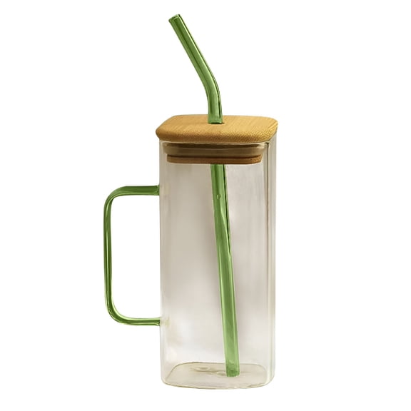 ACDANC 10 Oz Square Glass Tumbler with Handle, Clear Coffee Cups with Bamboo Lid and Straw, Portable Water Bottle for Iced Tea, Milk, Juice