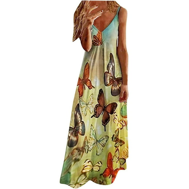 PENGXIANG Femmes Robes Été Casual Maxi Robe Mode Imprimé V-Cou Bretelles Sans Manches Pull Robe Longue Sundress