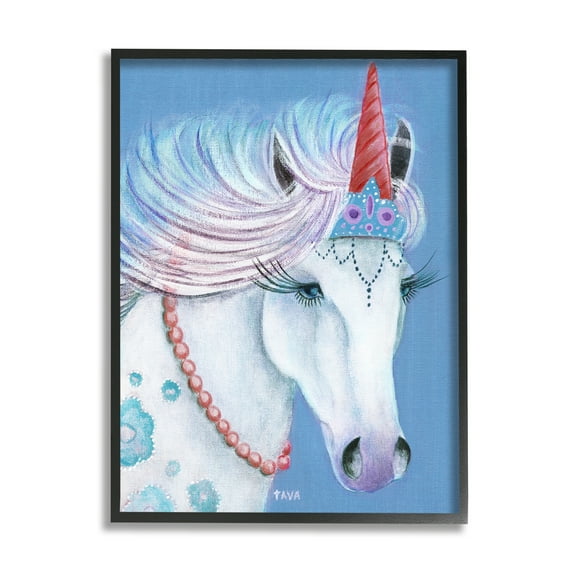 Stupell Industries Blue Floral Unicorn Portrait with Princess Crown Fairy Tales & Fantasy Painting Black Framed Art Print Wall Art, 11 x 14