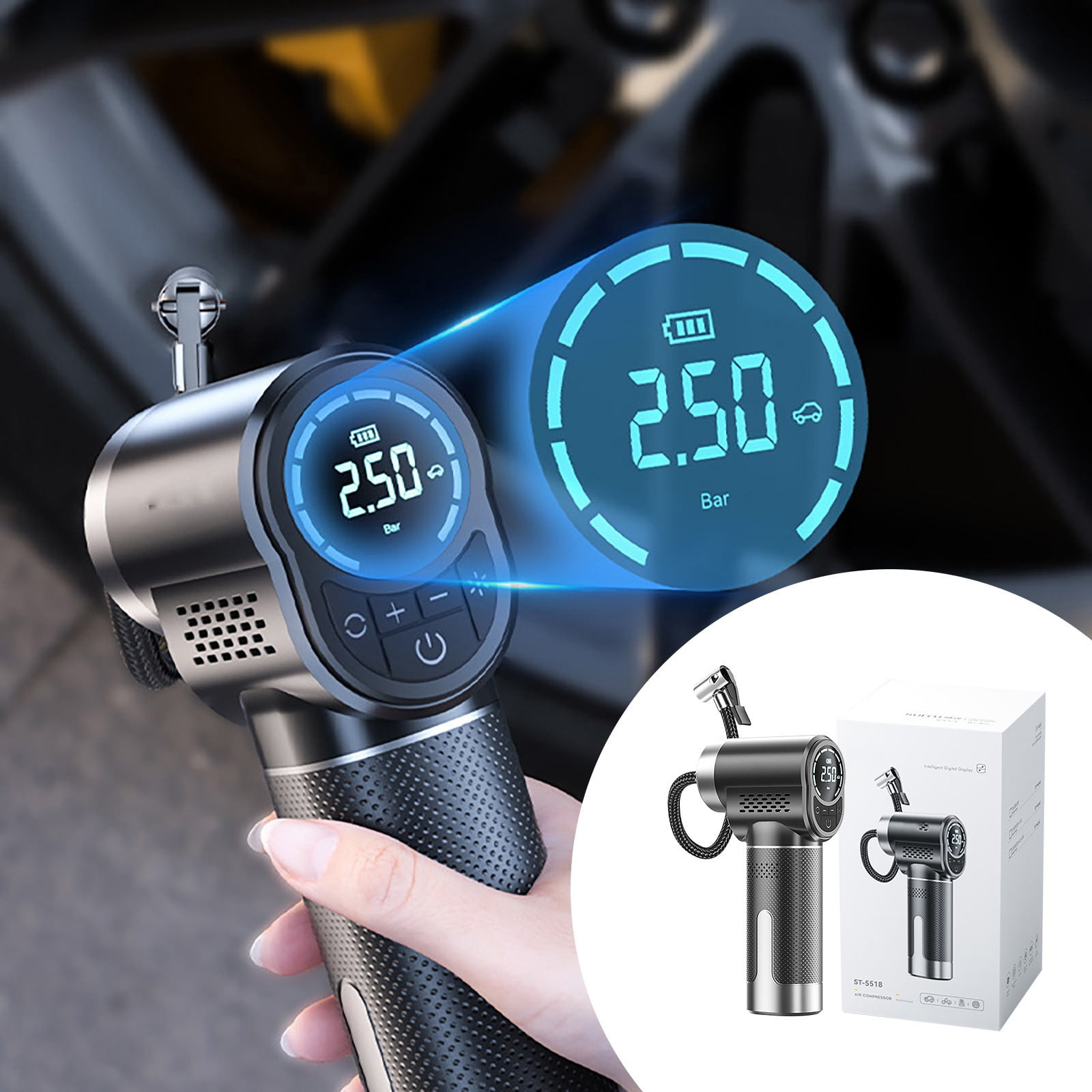 WIFKLSIIPG Tire Inflator Portable Air Compressor High Pressure Portable Air P Ump Car Tire Inflator with Two 4000mAh Large Batteries(Black)