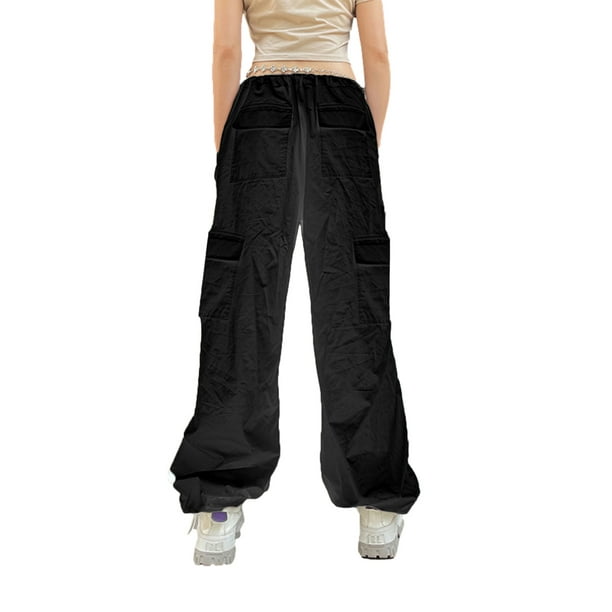 Sunloudy Women's Spring Autumn Casual Cargo Pants Mid Waist Multi-pockets  Drawstring Straight Leg Pants