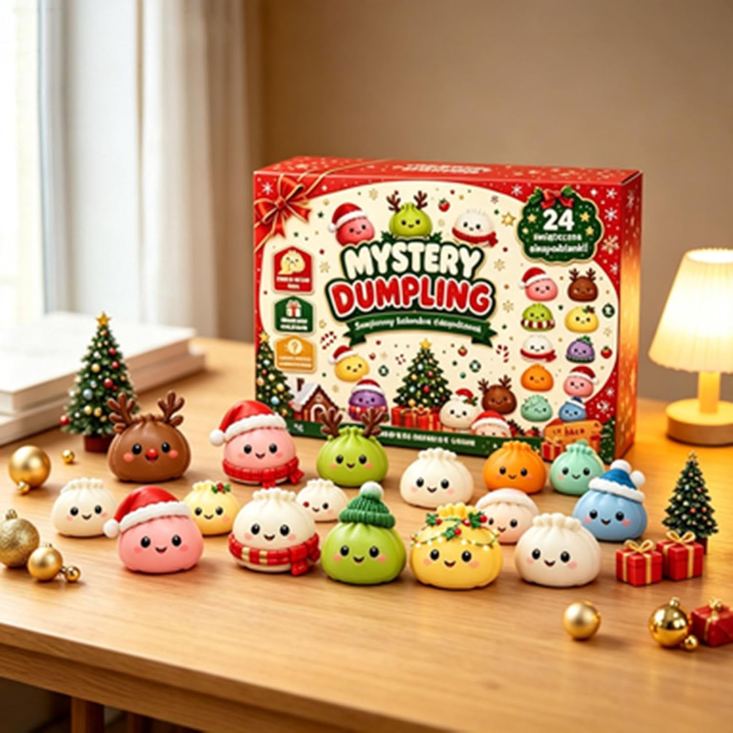 Kawaii Mystery Dumpling Squishy Advent Calendar 24 Days, Squeeze Sensory Fidget Toys Christmas Countdown Box, Festive Holiday Party Favors & Stocking Stuffers for Holiday