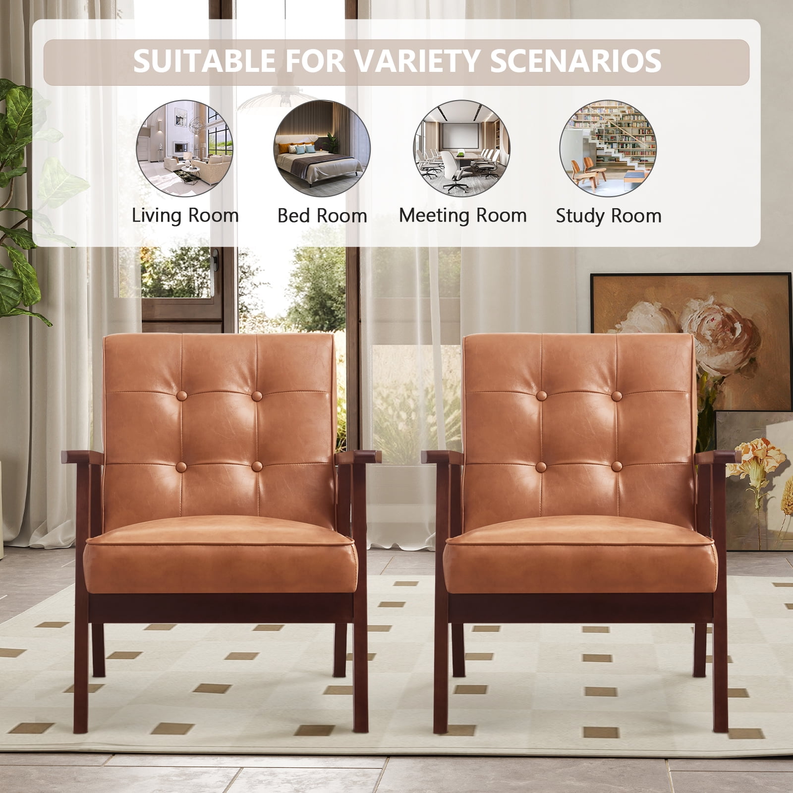 Bonzy Home Accent Chair Set of 2 Mid Century Modern PU Leather Armchair with Wood Frame for Living Room Bedroom Study Room, Easy Assembly, Brown