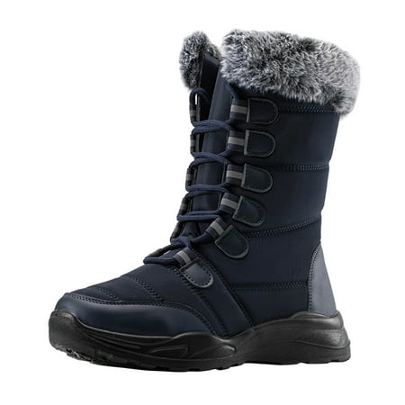 

GNEIKDEING Women Men Snow Boots Round Toe Water Proof Flat Heel Warm Winter Lace Up Solid Color Mid Calf Gift on Clearance