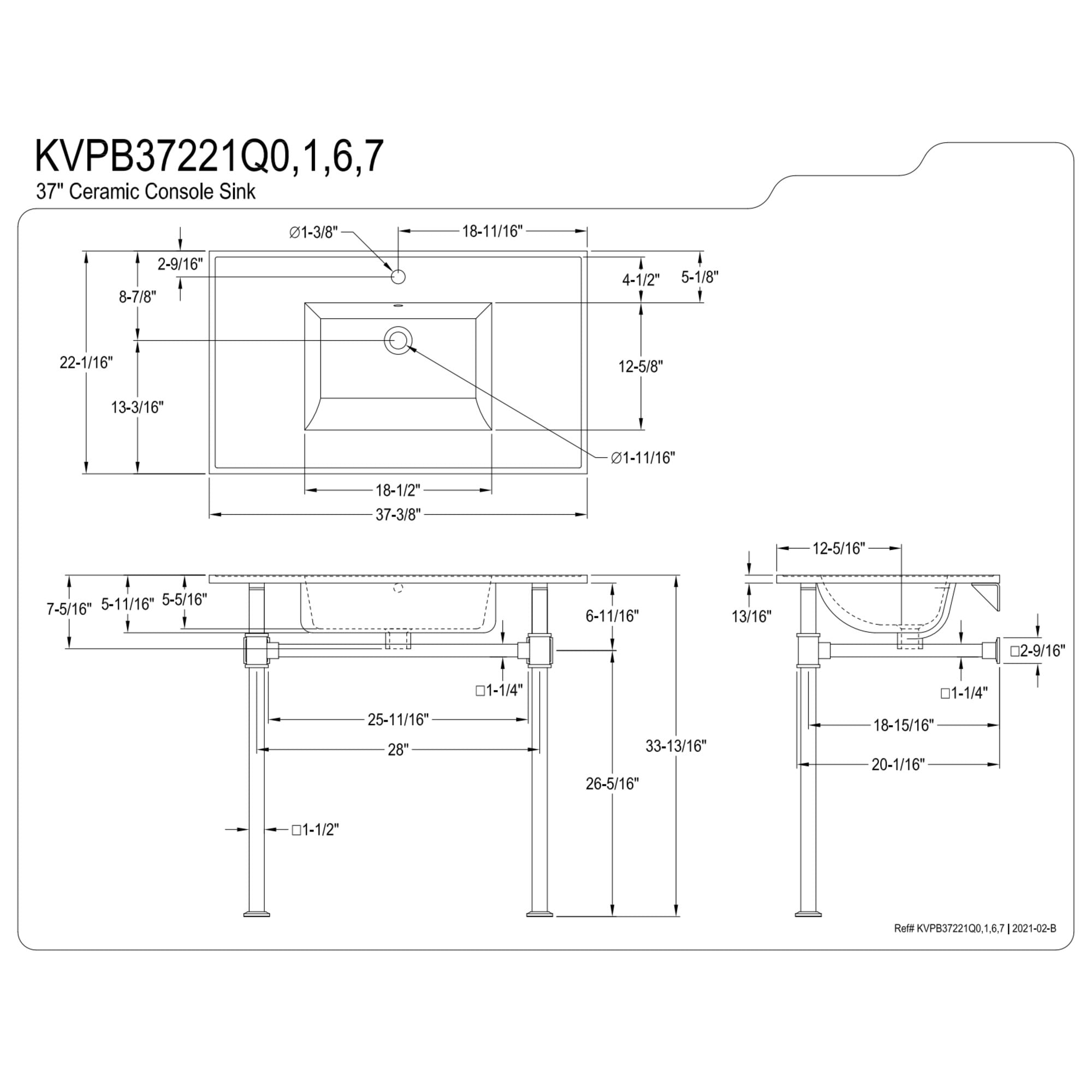 Kingston Brass KVPB37221Q0 Monarch 37" Ceramic Console Sink with Stainless Steel Legs (1-Hole), White/Matte Black