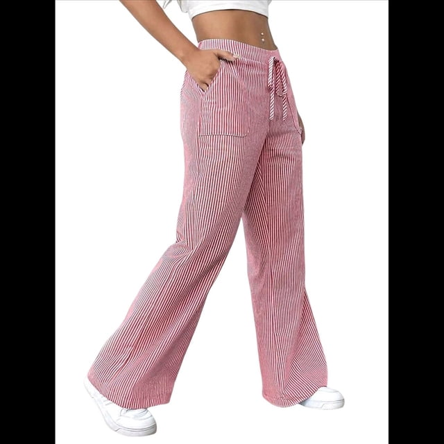 Pantalones de Salón A Rayas de Pierna para Mujer, Cintura Elástica y Bolsillos Rojo XXL
