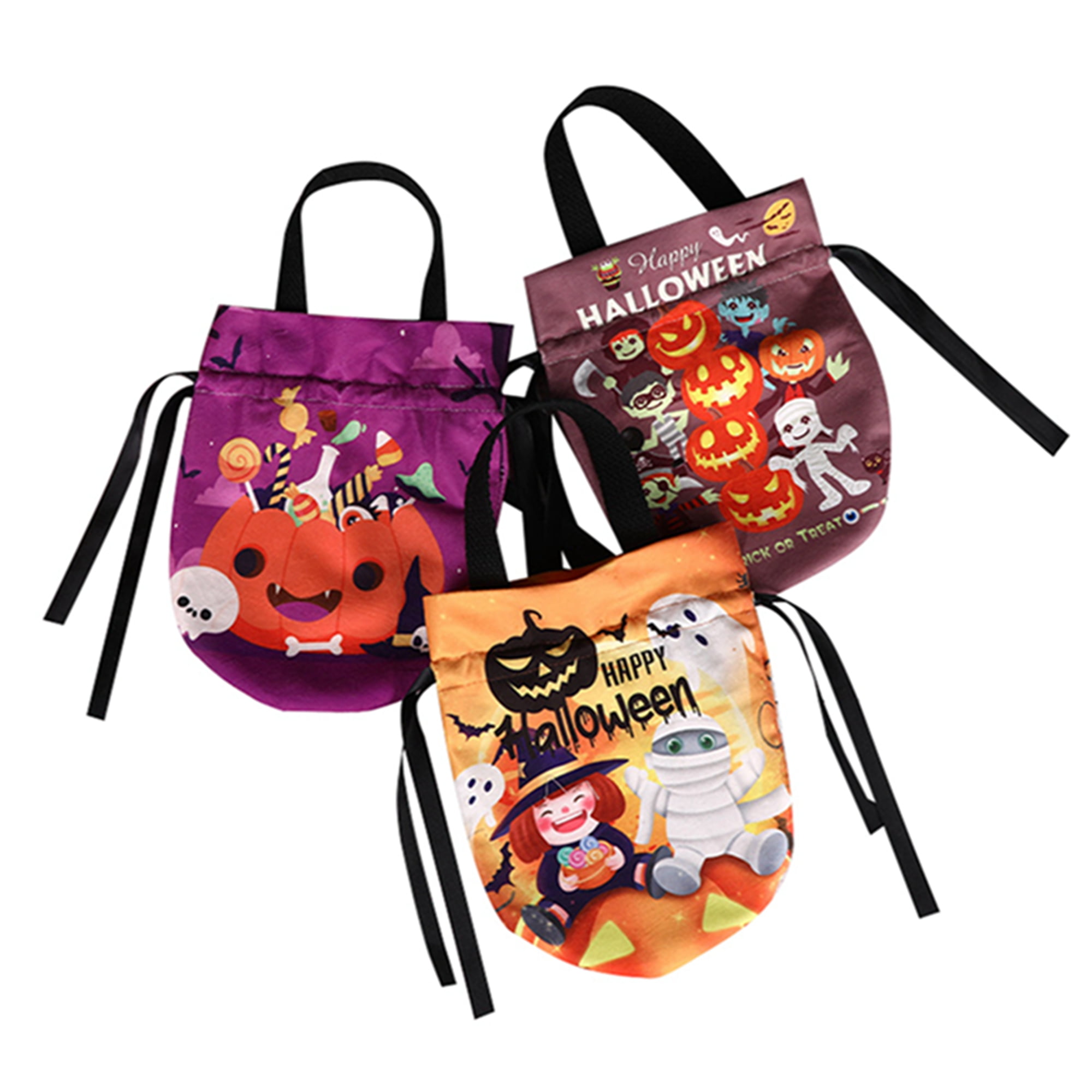 3Pcs Halloween Candy Bags Drawstring Pumpkin Trick or Treat Drawstring