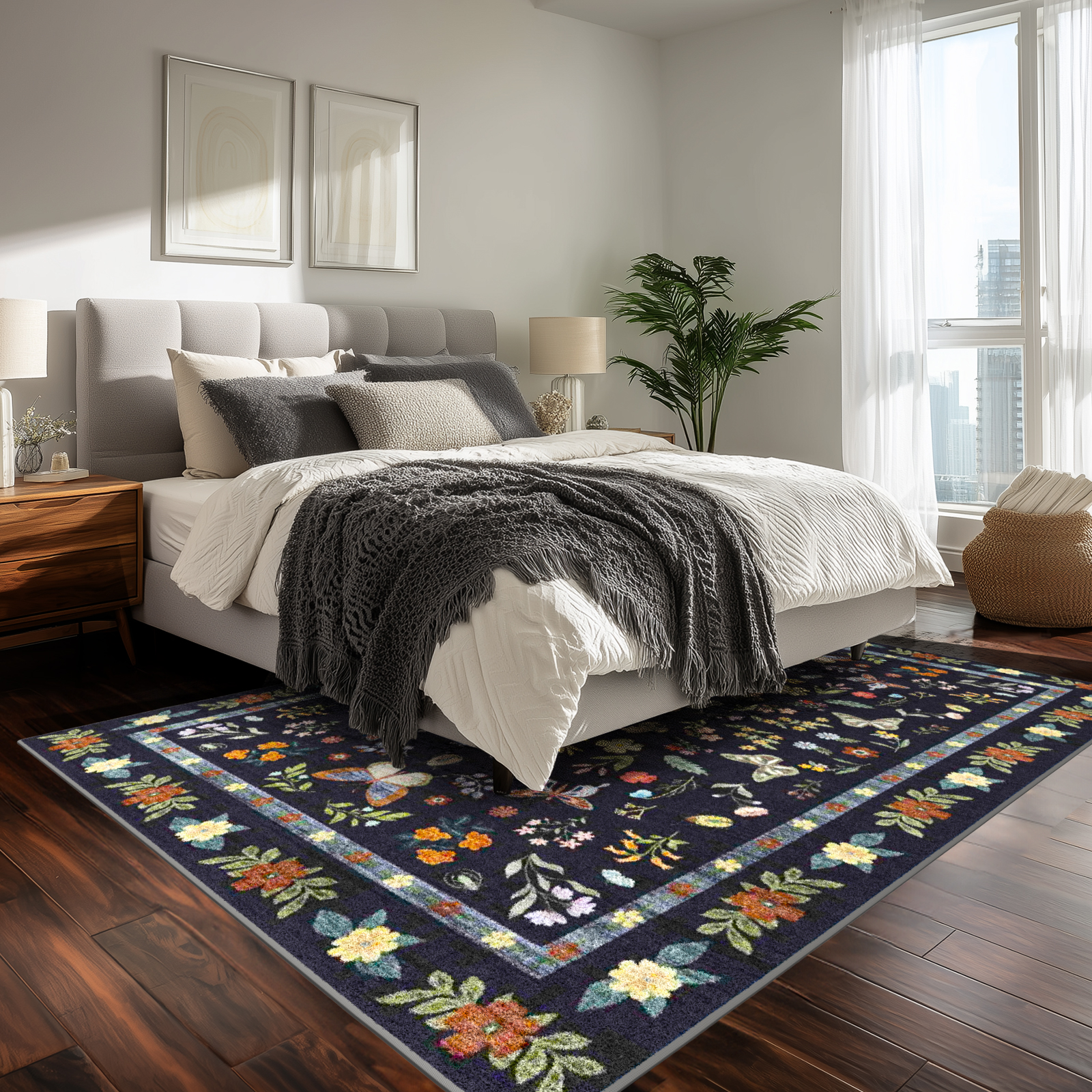 Area Rugs for Living Room, Homasen 5'x7' Washable Indoor Rug Boho Butterfly Black, Soft Low Pile Stain Resistant Carpet for Bedroom, Nursery, Office