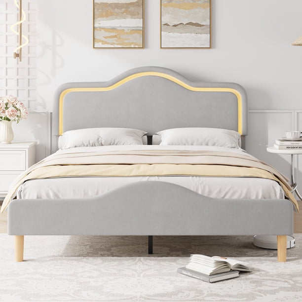 QinaQin Base de cama tapizada en terciopelo estilo princesa, con cabecera y piecera LED ajustables, soporte de madera y diseño ideal para niñas o niños