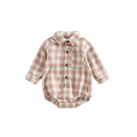 

jaweiwi Baby Girl Boy Plaid Romper Long Sleeve Lapel Neck Buttons Fall Short Jumpsuit Size 0 6 12 18 24 M