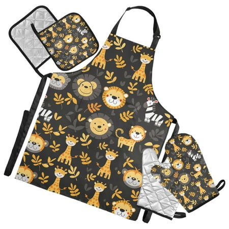 Lion Zebra Giraffe Leaf 5 Pcs Kitchen Set Heat Resistant Oven Mitts and Non-Slip Pot Holders with Adjustable Cooking Apron