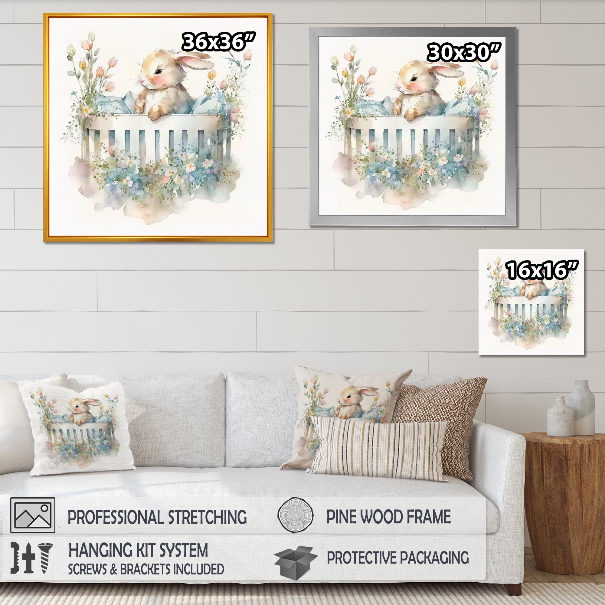 Designart Baby Bunny In Crib With Flowers II Canvas Wall Art