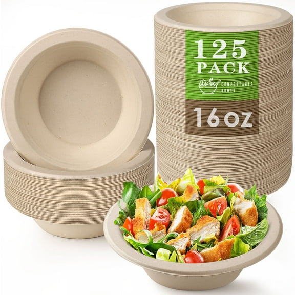 Gezond Compostable Paper Bowls 16 oz. 125-pack Disposable Bowls Heavy Duty for Hot Soup Eco-Friendly Large Sugarcane Bowls Natural Unbleached Bowls