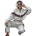 thumbnail image 2 of Women'S 2 Piece Lounge Outfits Zip Up Sweat Set Contrast Striped Wide Leg Jogging Pants Travel Track Suit White XL, 2 of 9