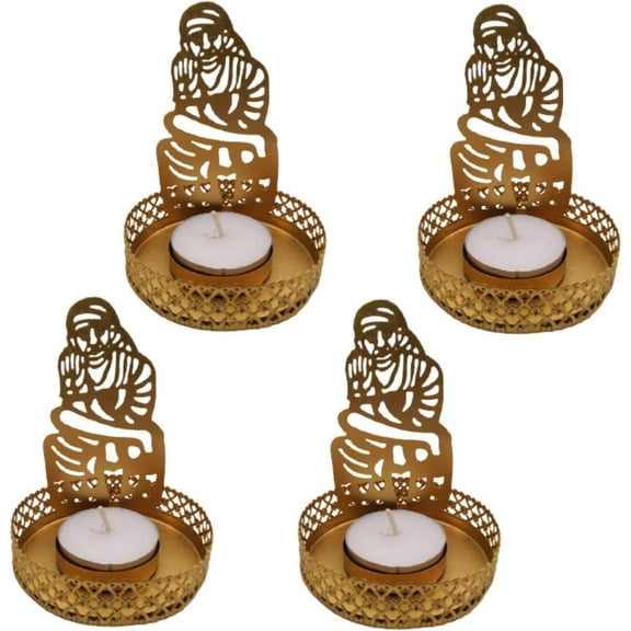 India Meets India Brass Tealight Candle Holder, Tea Light Holder with Tea Light Handicraft by Awarded Indian Artisan (Sai Baba, Set of 4)