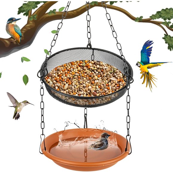 Bain d'Oiseaux Suspendu - Plateau à Graines en Métal pour Nourrir les Oiseaux Décoration de Jardin Extérieur Patio pour Arrière-Cour Attirant les Oiseaux Sauvages
