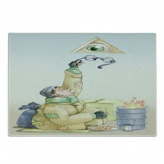 Abstract Surreal Cutting Board, Metaphorical Drawing of Homeless Guy and Eye in a Triangle Cartoon, Decorative Tempered Glass Cutting and Serving Board, in 3 Sizes, by Ambesonne