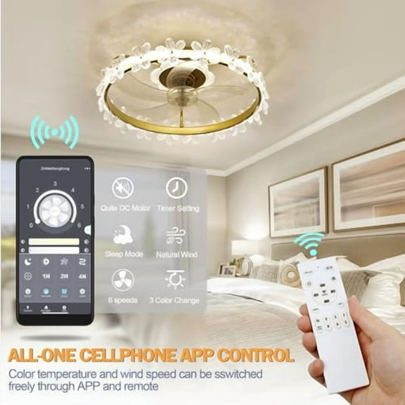 Fandelier Ceiling Fan with Light and Remote, 22'' Dimmable LED, 3 Colors, 6 Speeds, Flush Mount Low Profile Small Ceiling Fan with APP Control for Kids Room Bedroom