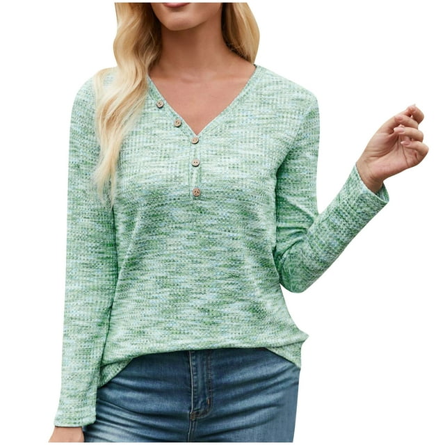 Timegard Long Sleeve Tops for Women Knitted Button V Neck Tops Casual Solid Color Lightweight Blouses