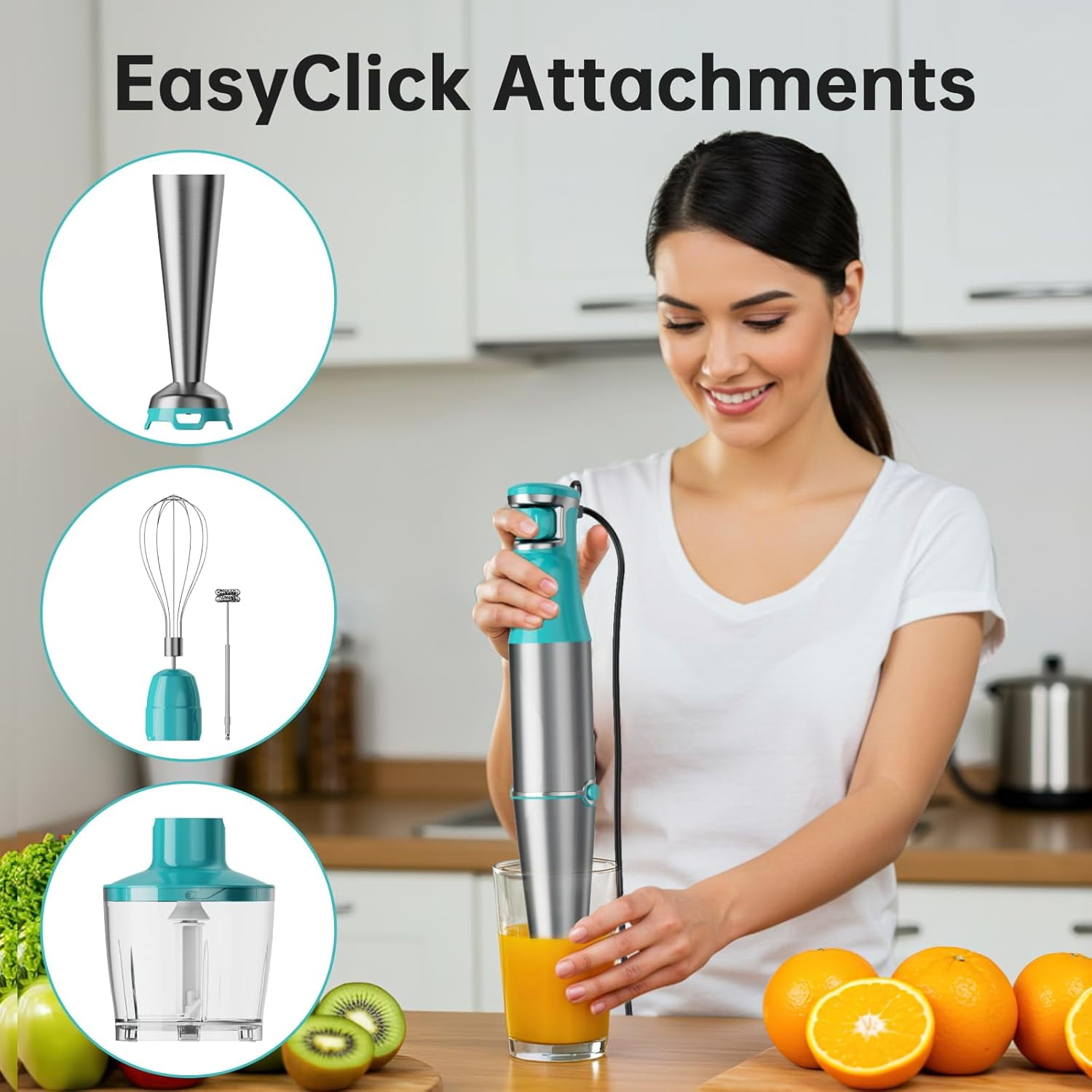 Immersion Blender Handheld Corded Hand Blenders Set 1100W, Trigger Variable Speed 5 in 1 Stick Emulsifier with Chopper Whisk and Frother for Soup Baby Food Smoothies Cyan Blue