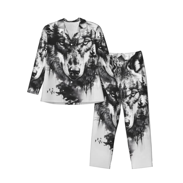 Balery Majestic Wolf Landscape Pijama para Hombre de Dos Piezas con Manga Larga, Conjunto de Dormir y Descanso Suave con Bolsillos-Small