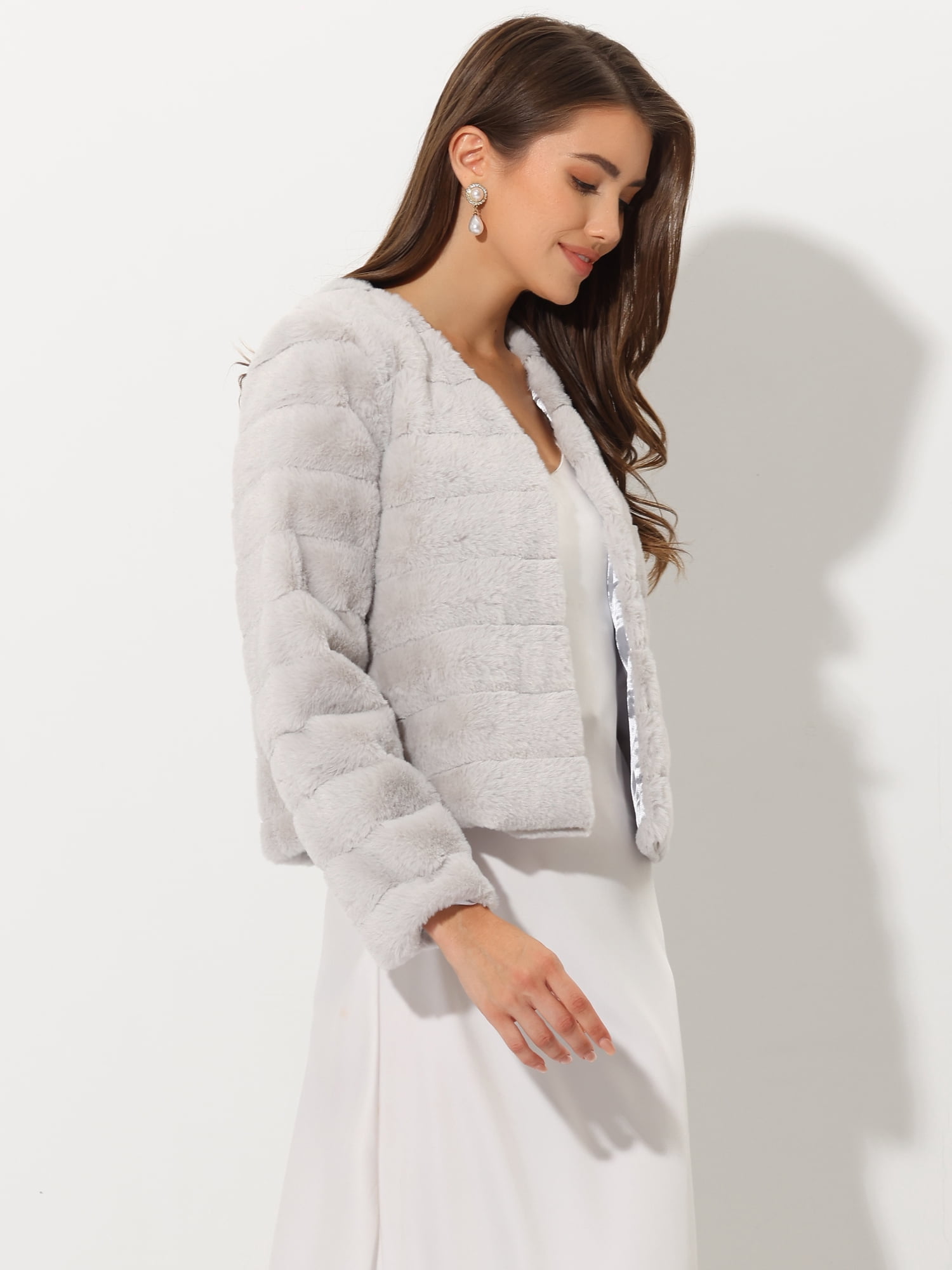 DARING DIVA Women's Long Sleeve Collarless Shaggy Soft Faux Fur Coat XS Light Gray