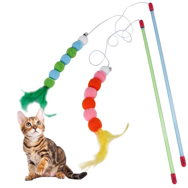 2PCS Cat Teaser Toy Creative Fake Feather Cat Wand Cat Stick Toy with Bell