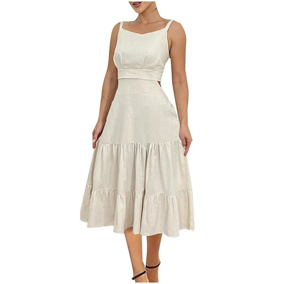 hotojiny Sundresses for Women Boho Spaghetti Strap Beach Vacation Midi Dress Trendy Sleeveless Cutout Ruffle Tiered Flowy A-Line Party Dresses