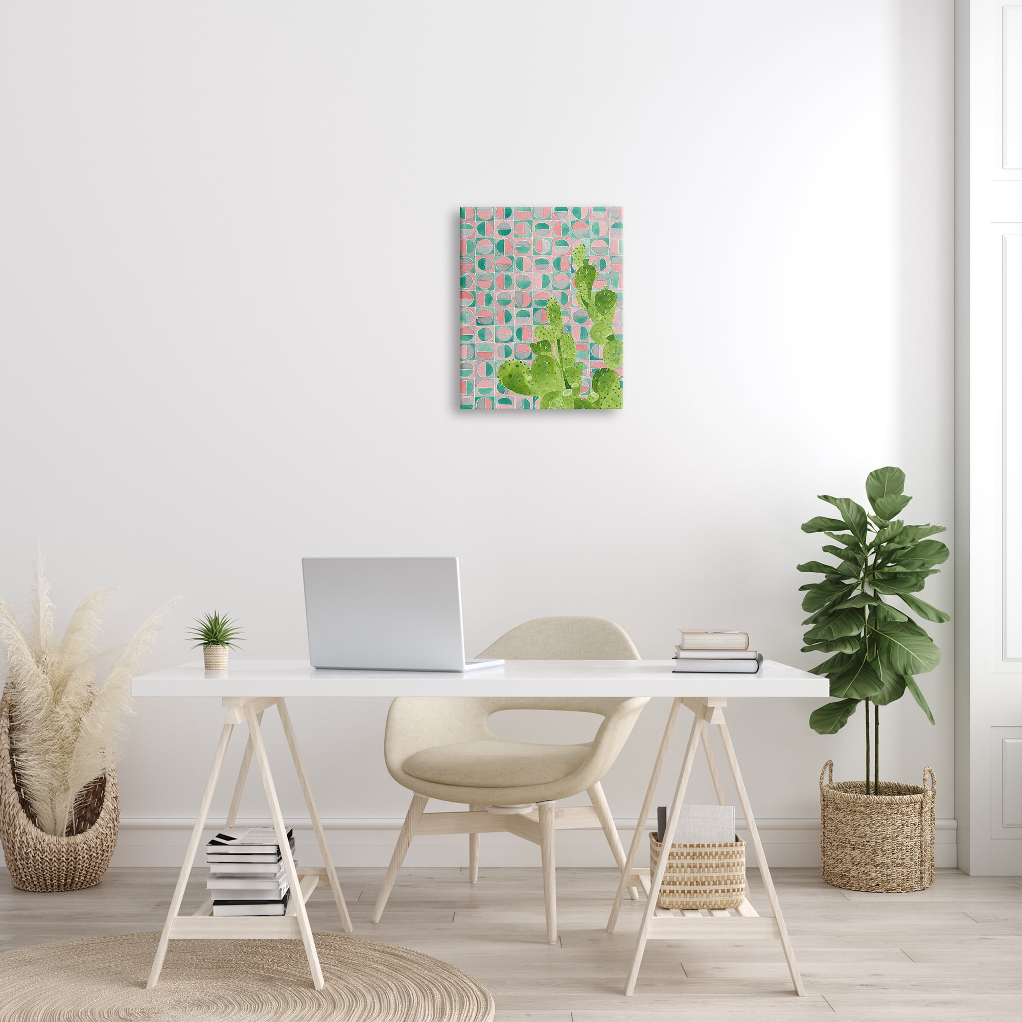 Stupell Industries Prickly Pear Desert Cactus over Geometric Pink Pattern Botanical & Floral Painting Gallery Wrapped Canvas Print Wall Art, 16 x 20
