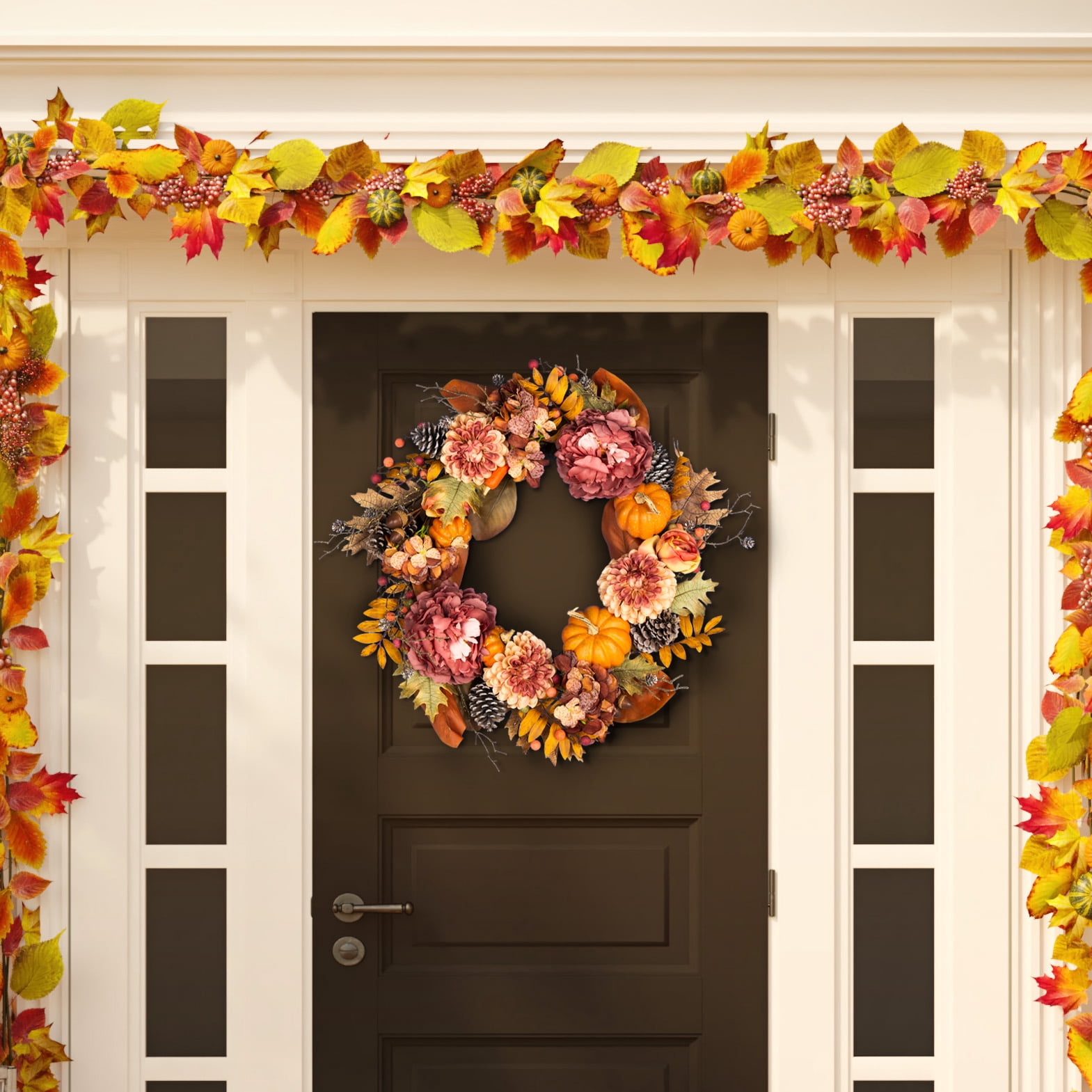 SAFAVIEH Faux 28 Inch Peony & Pumpkin Wreath W/ Pine Cones, Multi