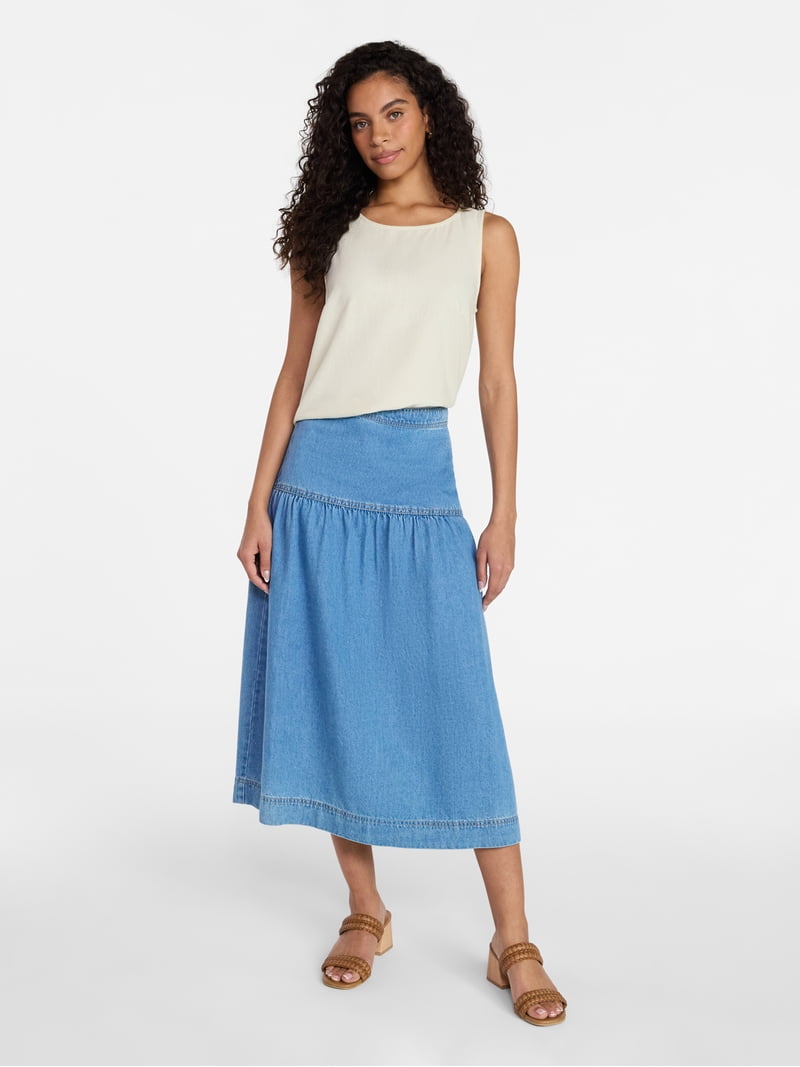 Time and Tru Women's Drapey Denim Midi Skirt, Sizes 0-20 - Walmart.com