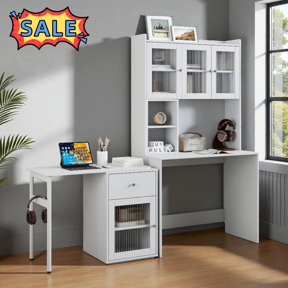 Tcbosik Computer Desk with Hutch and 90 Degree Rotating Desktop, L-Shaped Corner Table with Drawer and Cabinets, Gaming Desk with Shelves, Writing Desk for Home Office, Space Saving, White