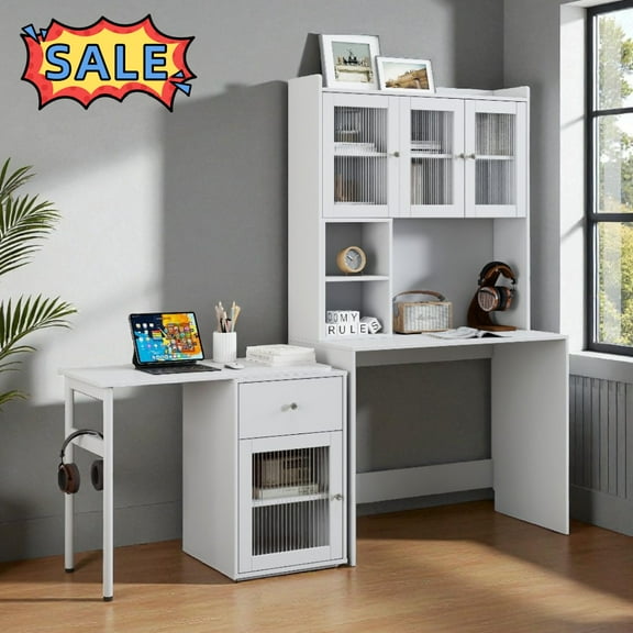 Tcbosik Computer Desk with Hutch and 90 Degree Rotating Desktop, L-Shaped Corner Table with Drawer and Cabinets, Gaming Desk with Shelves, Writing Desk for Home Office, Space Saving, White