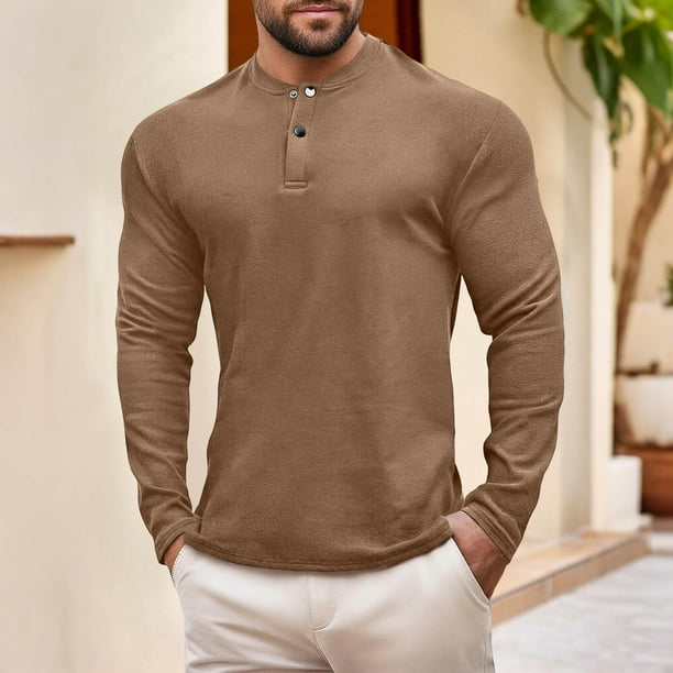 pstuiky camisas de manga larga para hombre, Camiseta de manga larga con cuello redondo y botones de terciopelo para hombre, color liso Tops casuales para hombres l