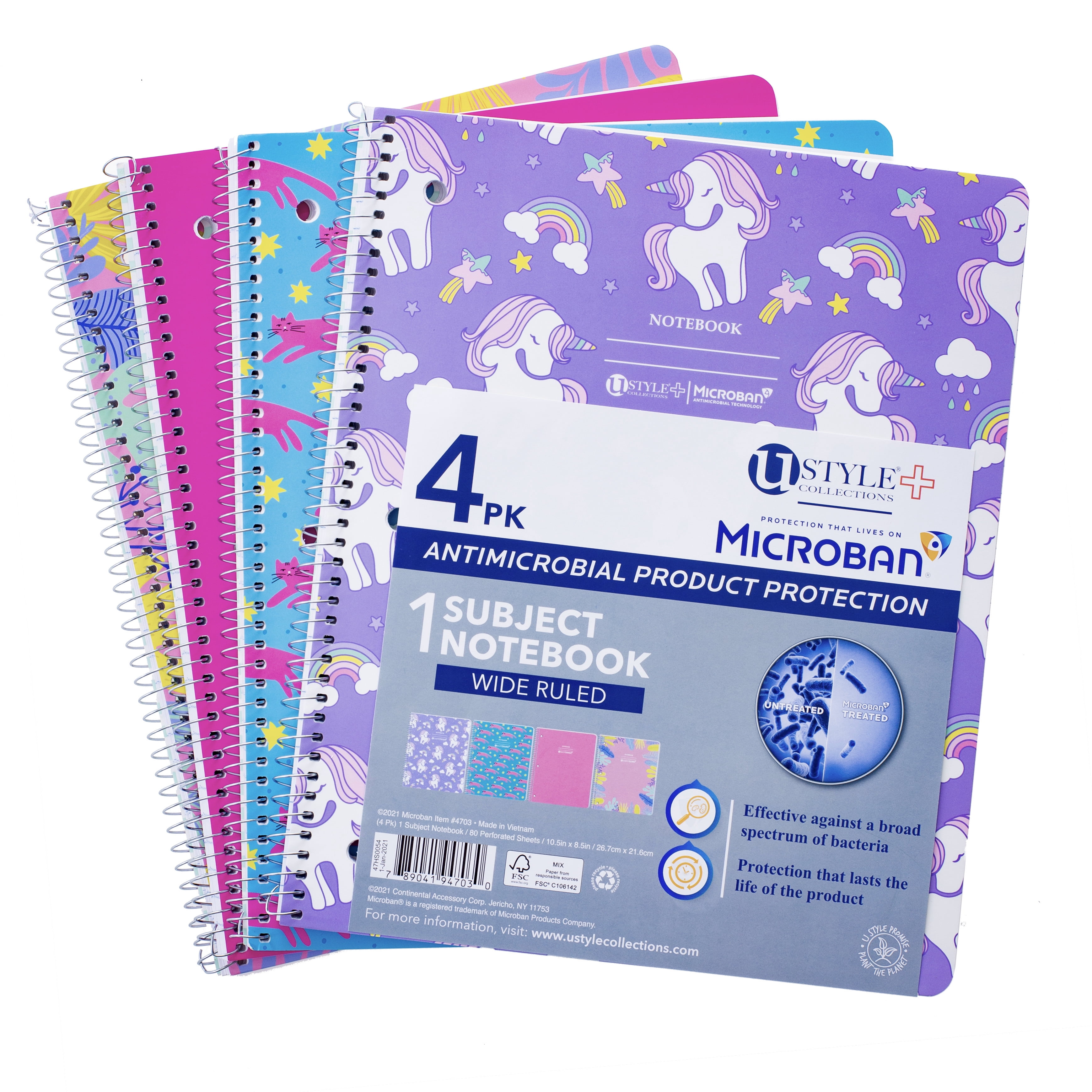 U Style Antimicrobial 1 Subject Notebook with Microban®, 80 Sheets, Wide Ruled, 4 Pack, Fashion
