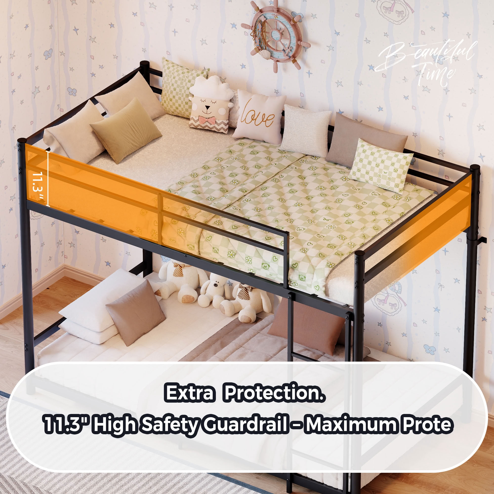 MAYEERTY Low Profile Metal Bunk Bed, Heavy Duty Twin Over Twin Bed Frame with Full-Length Guardrails, for Kids Teens Adults, Supports 330-440 lbs, No Box Spring Needed