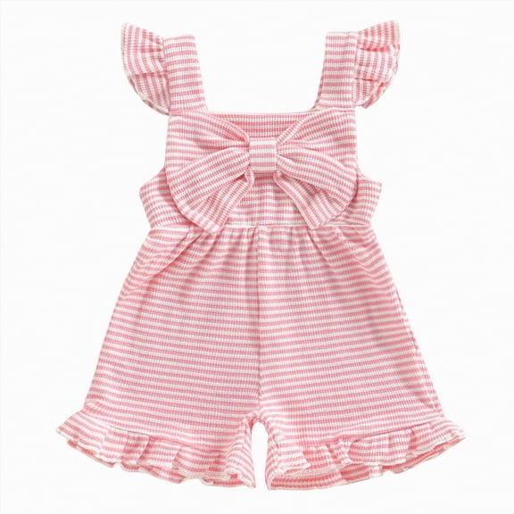 CAICJ98 Toddler Baby Summer Clothes Cute Bow Sleeveless Romper Striped One Piece Jumpsuit Shorts Overalls Outfits (12-18 Months,Red)