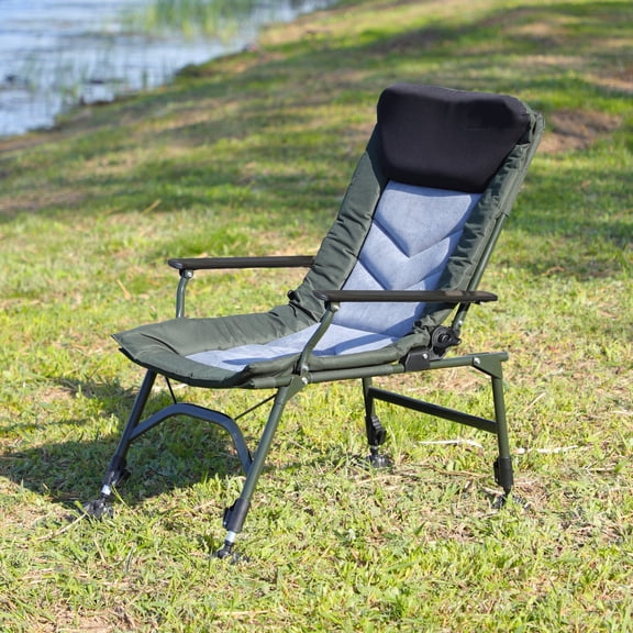 Camping Lounge Chair, Portable Folding Reclining Camping Chair With Adjustable Backrest For Indoor And Outdoor Camping Beach Hiking Fishing, Green black grey,Black-Grey