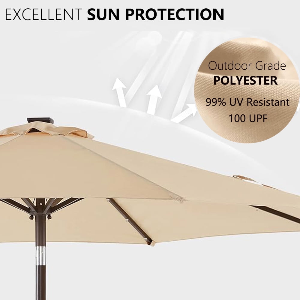 Abble 9ft Solar LED Lighted Patio Umbrella, Table Market Umbrella, Outdoor Umbrella for Garden, Deck, Backyard, Pool and Beach