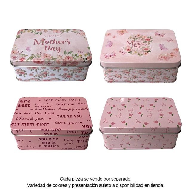 alhajero de metal prichos día de la madre cuadrado con flores varios modelos 1 pieza — Cuatro vistas superiores de modelos cuadrados metálicos: tapa rosa con "Happy Mother's Day" y guirnalda floral; tapa rosa con corona de flores y mariposas; tapa rosa con texto manuscrito repetido; tapa rosa pálido con pequeños ramos y lazos. Costados con estampado floral. A menudo usado también para guardar joyería pequeña o recuerdos.