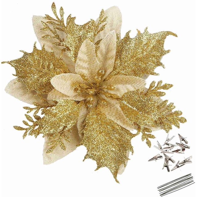 10 flores artificiales de Pascua con purpurina de 14 cm, con pinzas, para decorar el árbol de Navidad, bodas, fiestas y coronas.