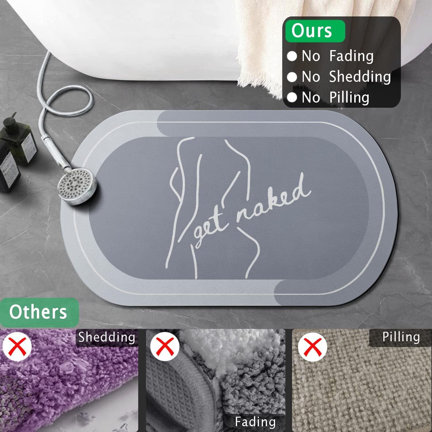 Funny Get Naked Bath Mat 20"x32" Super Water Absorbent Quick Dry Rubber Backed Washable Fun Bathroom Rugs Non Slip Bath Rugs Mats for Shower Oval Blue Bathroom Rug