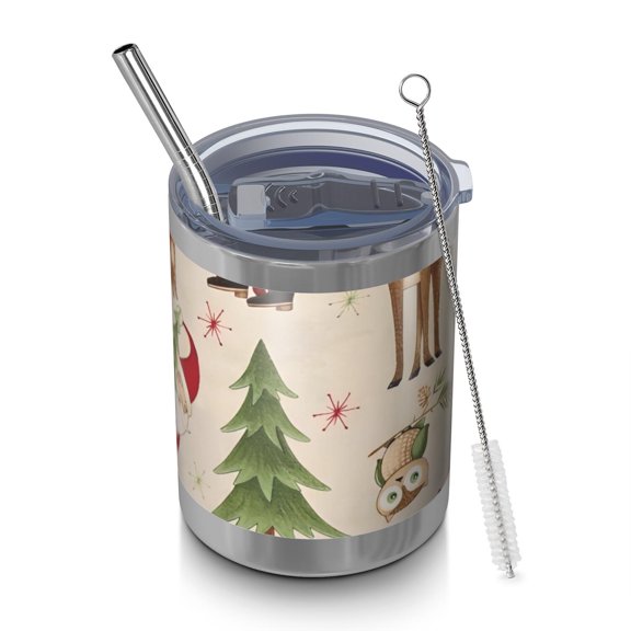 12oz Tumblers Beige Christmas Santa and Animal Pattern Vacuum Insulated Stainless Steel Travel Tumbler Cups Mug with Lid and Straw for Beer,Coffee,Beverages with Cleaning Brush for Cold & Hot Drinks