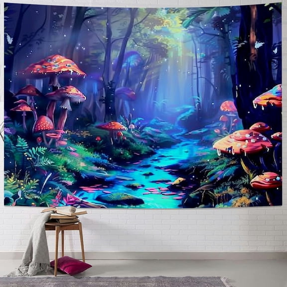 PRATYUS Mushroom Tapestry Misty Forest Tree Tapestry Floral Plant Wall Tapestry Magical River Tapestry Aesthetic Fantasy Landscape Tapestry Wall Hanging for Bedroom Decor Painting