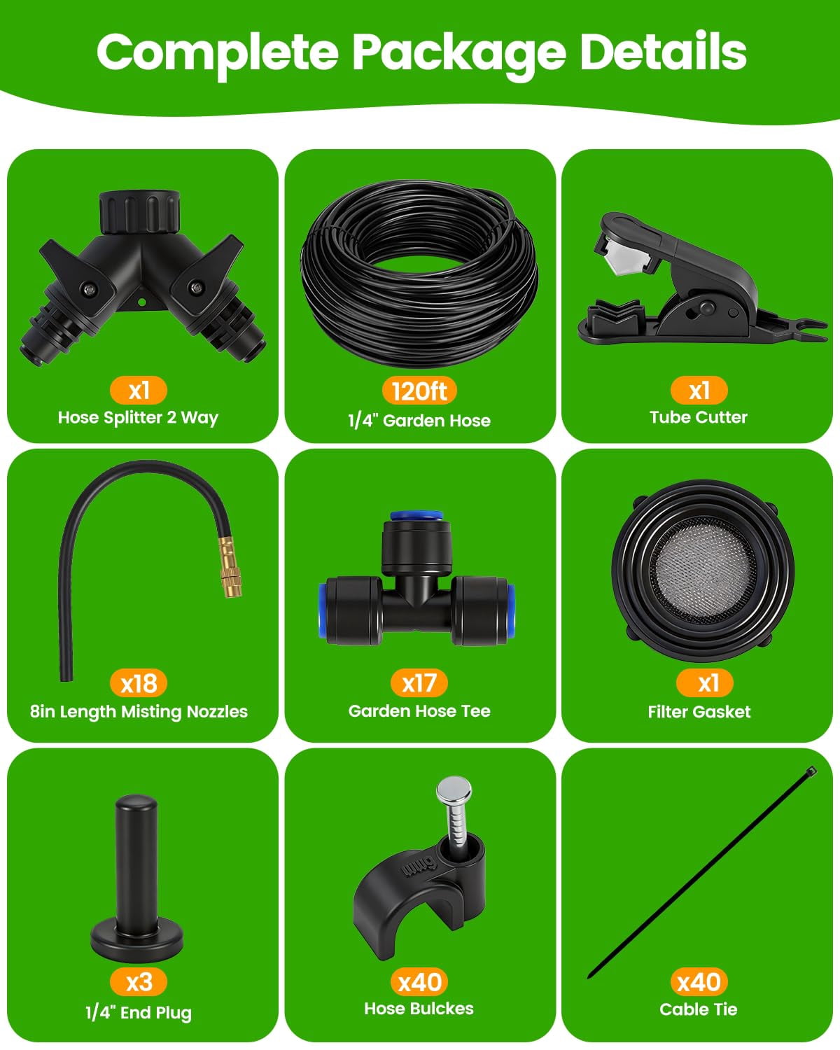 120ft Drip Irrigation System For Garden With 18 Nozzles -360° Adjustable Misting  Quick-connect Design Ideal Raised Beds Lawns Greenhouses & Outdoor