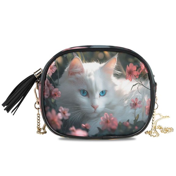 Womens Casual Chain Shoulder Bag Simple style White Cat Crossbody Bag